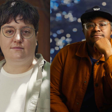 Noah Schamus (left), a thirty-something, white, non-binary filmmaker with short brown hair, stands outside with greenery and trees in the background, looks into the camera. A headshot of Brit Fryer (right) in a hat and glasses against a blue background.