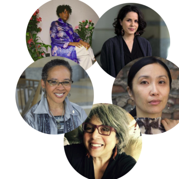 Portraits of Salome Asega, Dr. Kate Beane, Janet Wong, Linda Earle, and Phyllis Rawls Goff (clockwise)